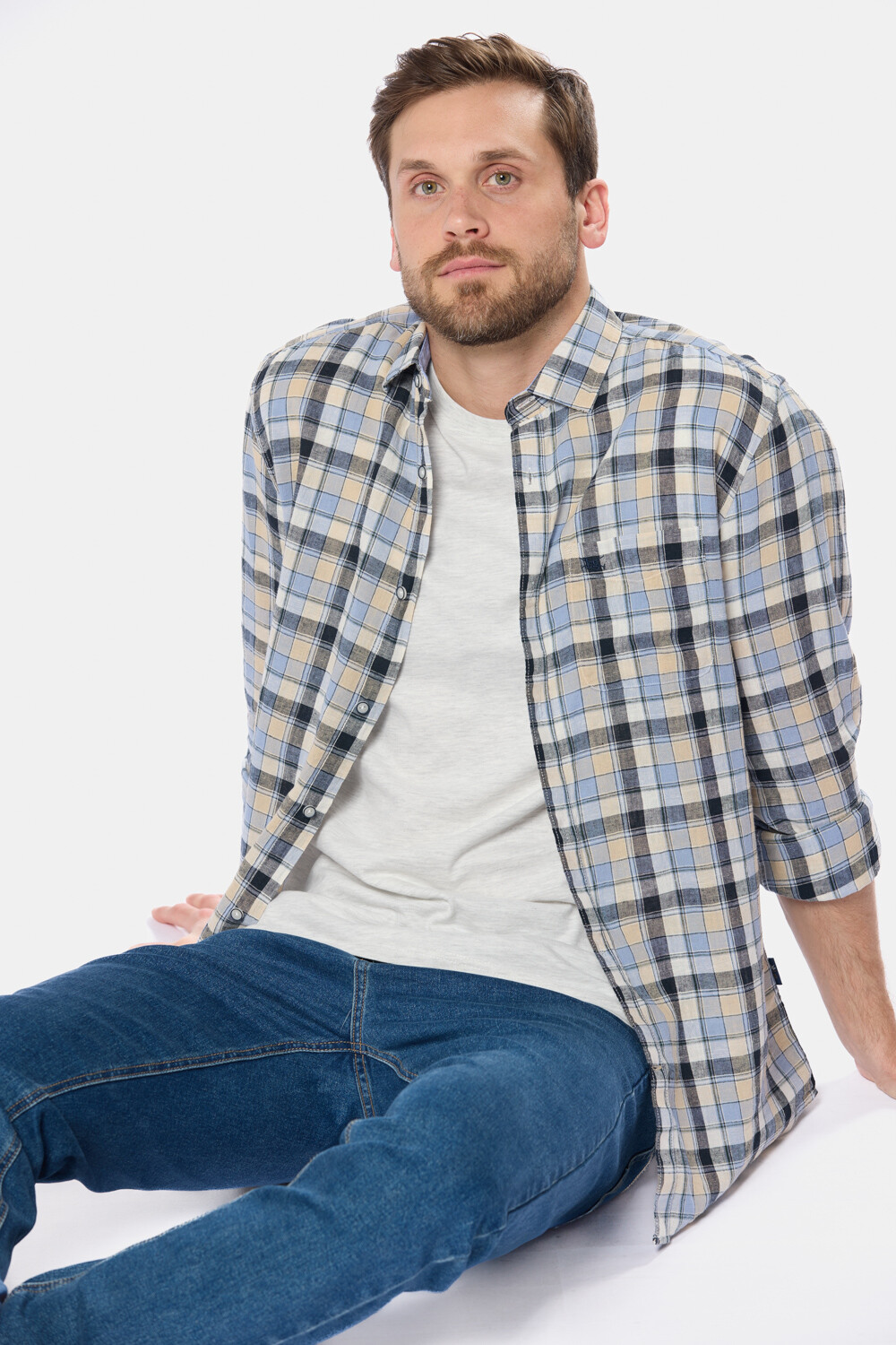 CAMISA DE LINO A CUADROS Azul