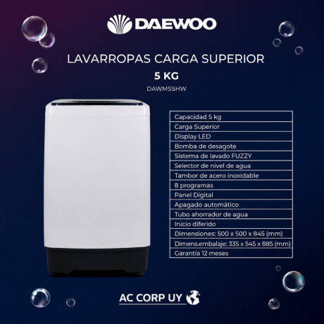 Lavarropas carga superior Daewoo Capacidad 5kg Color blanco