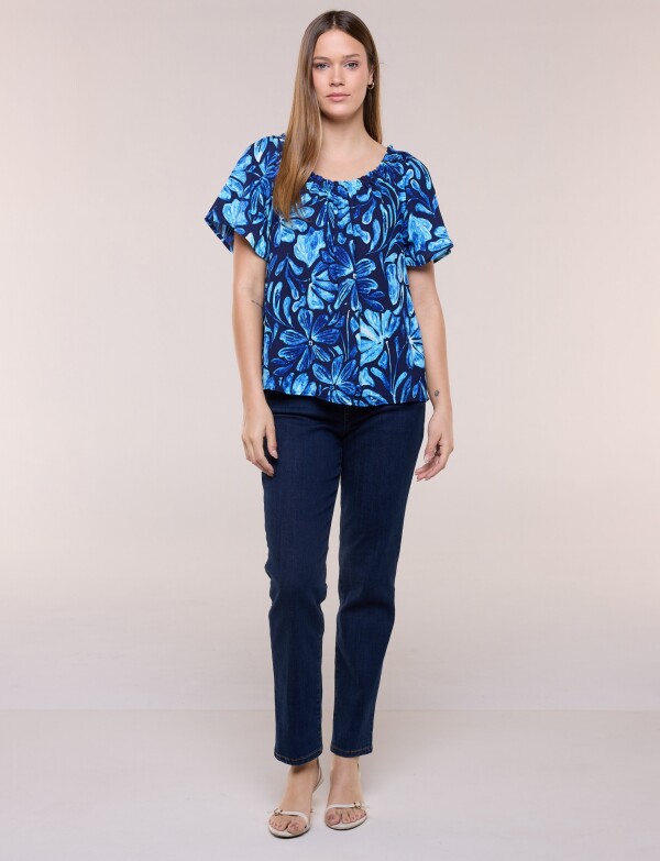 Blusa Holgada Escote Redondo Elastizado AZUL/MULTI