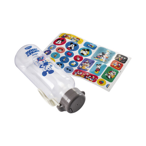 Botella Plática Abre Fácil Mickey 600 ml con Adhesivos TRANSPARENTE