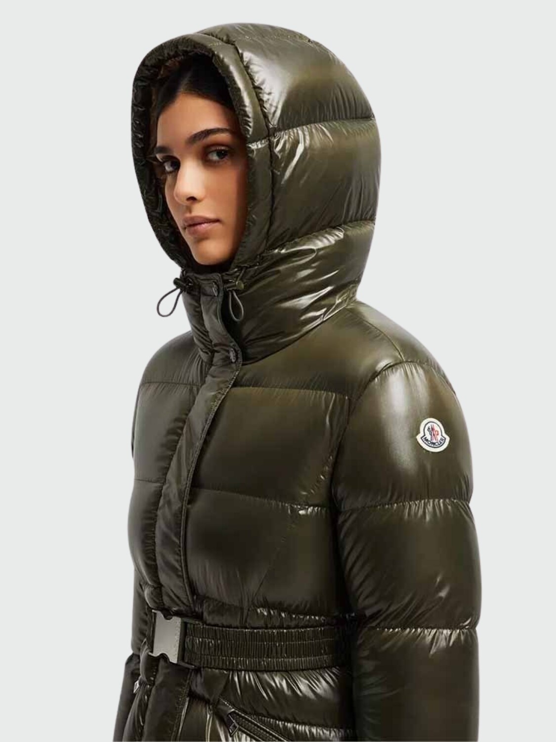Moncler - Campera larga rellena de plumas con cinto ajustable, Bellevue Verde