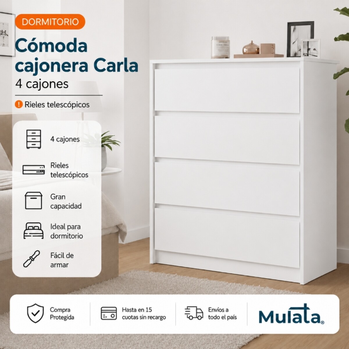 Comoda Cajonera Carla para Dormitorio 4 Cajones con Rieles Telescópicos - Blanco 