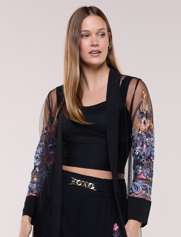 Cardigan Kimono Largo De Tul Bordado NEGRO/MULTI