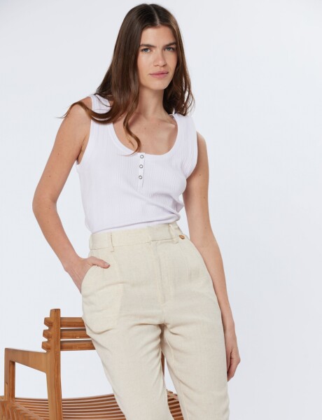 PANTALÓN DE LINO CON MEDIA CINTURA ELASTIZADA Beige