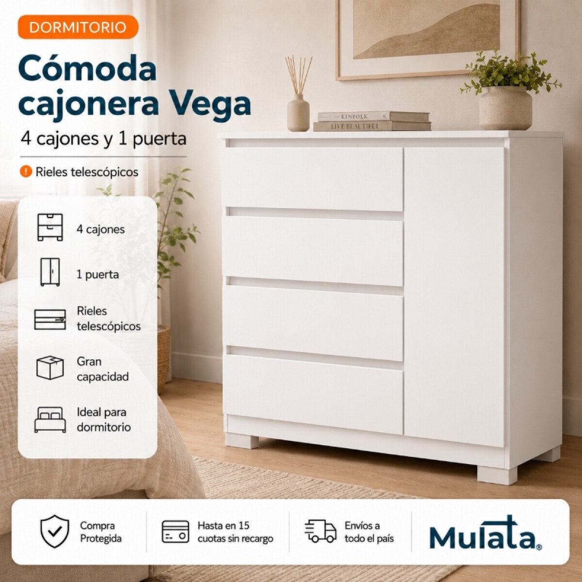 Comoda Cajonera Vega para Dormitorio 4 Cajones con Rieles Telescópicos y 1 Puerta - Blanco 