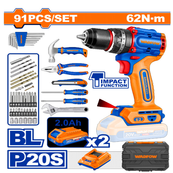 SET DE HERRAMIENTAS 91 PCS + TALADRO ATORN. C/ PERCUTOR 20V 62NM WADFOW SET DE HERRAMIENTAS 91 PCS + TALADRO ATORN. C/ PERCUTOR 20V 62NM WADFOW