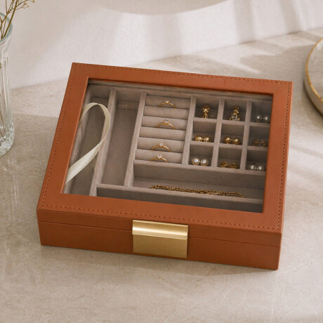 Joyero con visor y 2 pisos - 23x19x9cm Marron