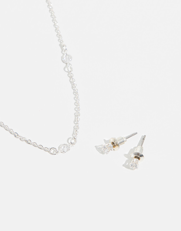 Bijouterie Set Strass Set De Collar Y Aros Pasantes - Plateado Rodio
