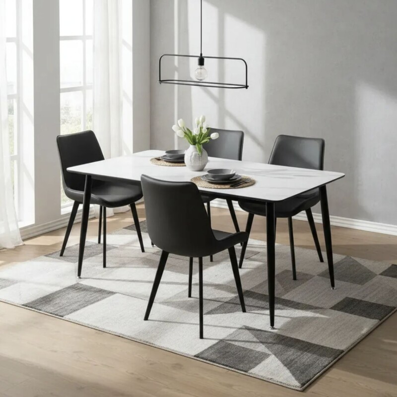 Juego de comedor mesa mármol + 4 sillas en ecocuero Blanco marmol