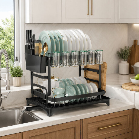 Escurridor Platos 2 Niveles Drenaje Automático Acero Inox Negro