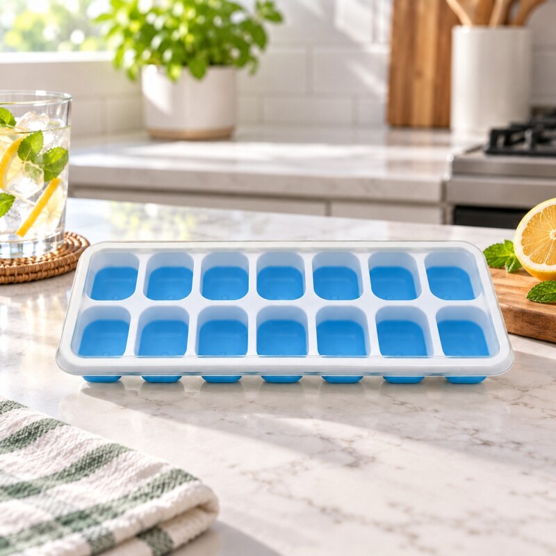 Cubetera para Hielo con Tapa y Base de Silicona 14 Cubos Celeste
