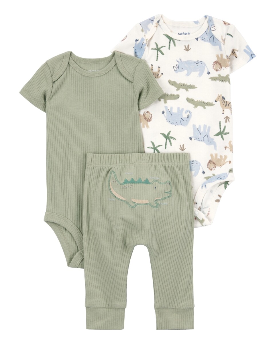 Set tres piezas de algodón, pantalón y dos bodies, diseño caimán 