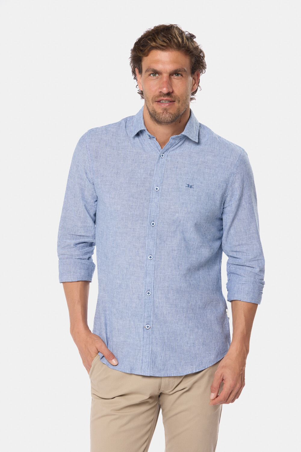CAMISA DE LINO RAYADA Azul
