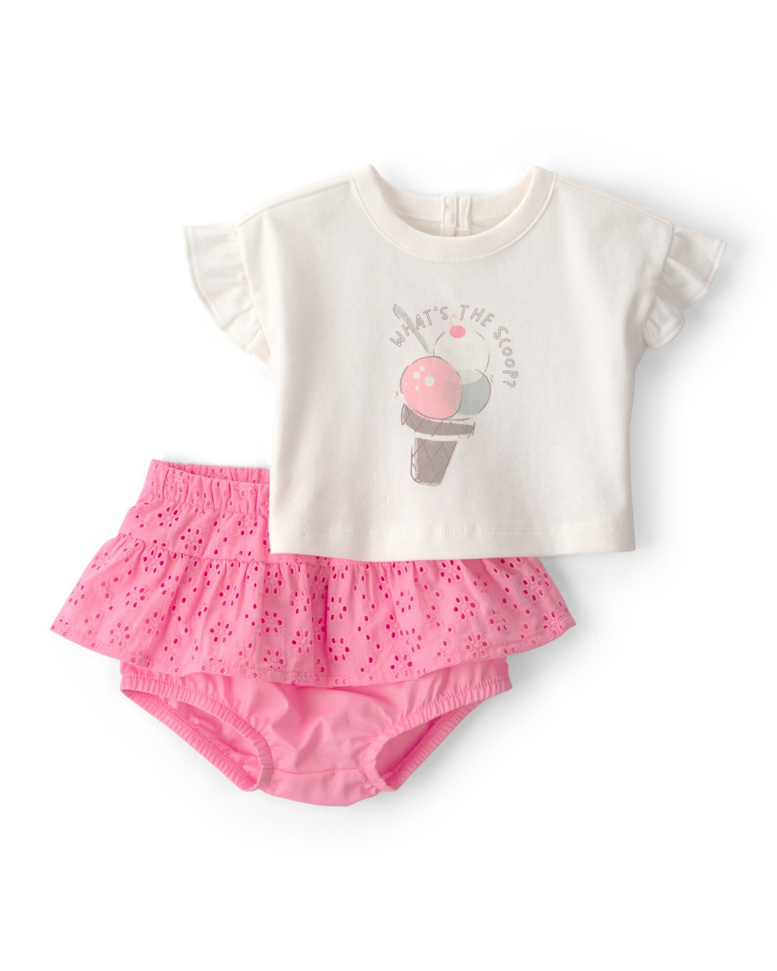 Set dos piezas de algodón, short con ojales y remera, estampa helado Sin color