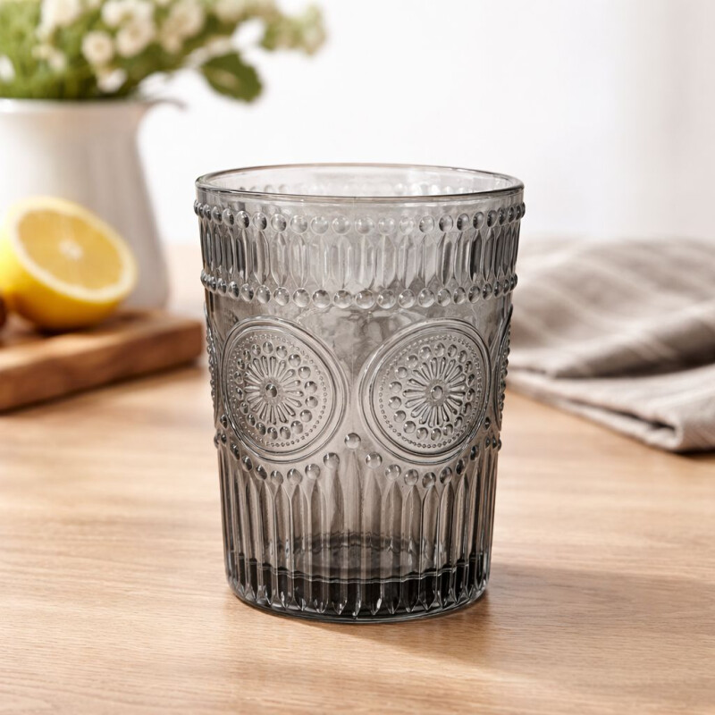 Vaso de Vidrio Labrado Corto Set 6 Unidades Grafito