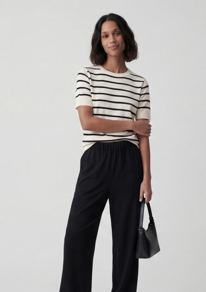 BLUSA DE PUNTO A RAYAS DE MANGA CORTA - BLANCO 