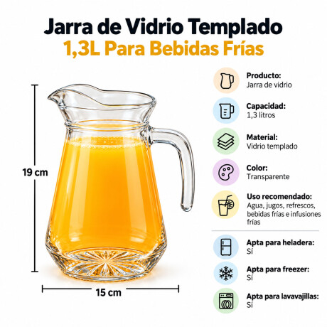 Jarra de Vidrio Templado 1.3L Para Bebidas Frías Transparente