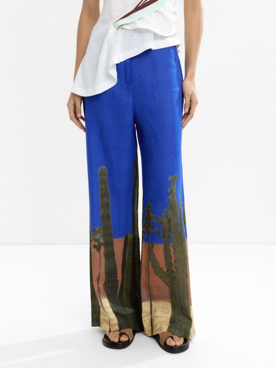 Pantalón Estampado 100 % Lino azul