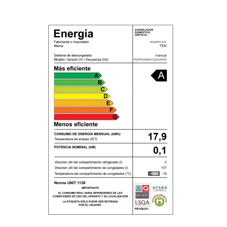 Freezer Vertical 163 lts. Tem T0UFRV2505001