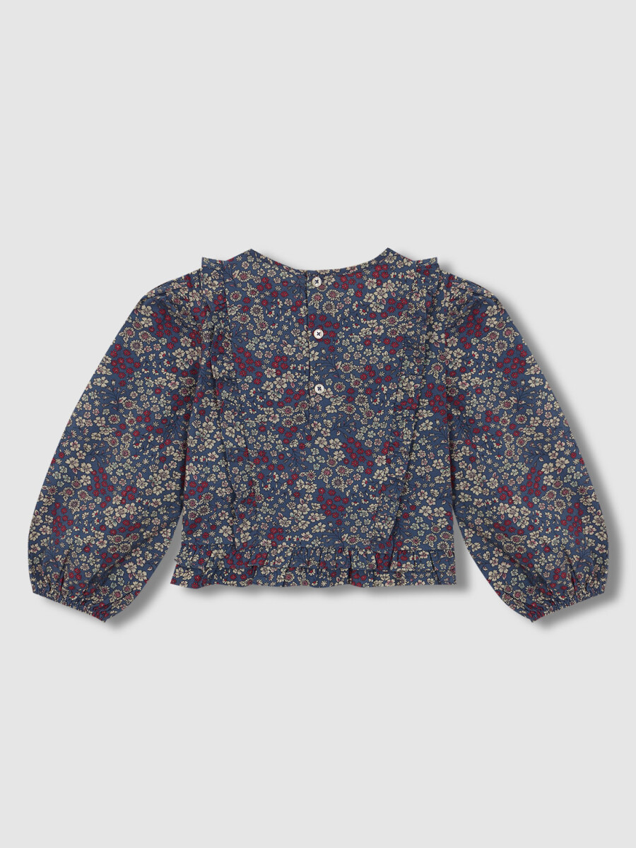 Blusa De Flores Con Tiras Fruncidas Azul Viejo