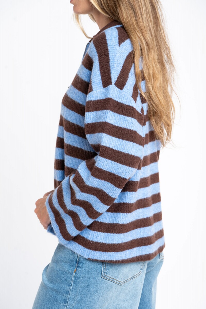 Sweater Polo Medio Cierre Rayado Chocolate