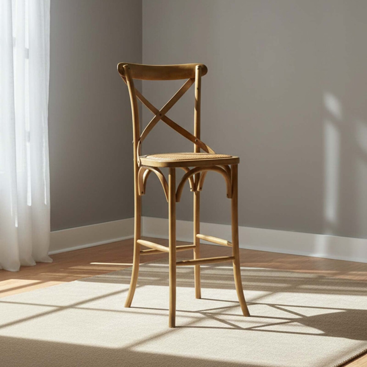 BUTACA TABURETE BAR - RATTAN-Y-MADERA NATURAL-BEIGE CRUCETA 