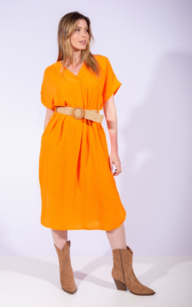 Vestido Escote v con cinto - Naranja 