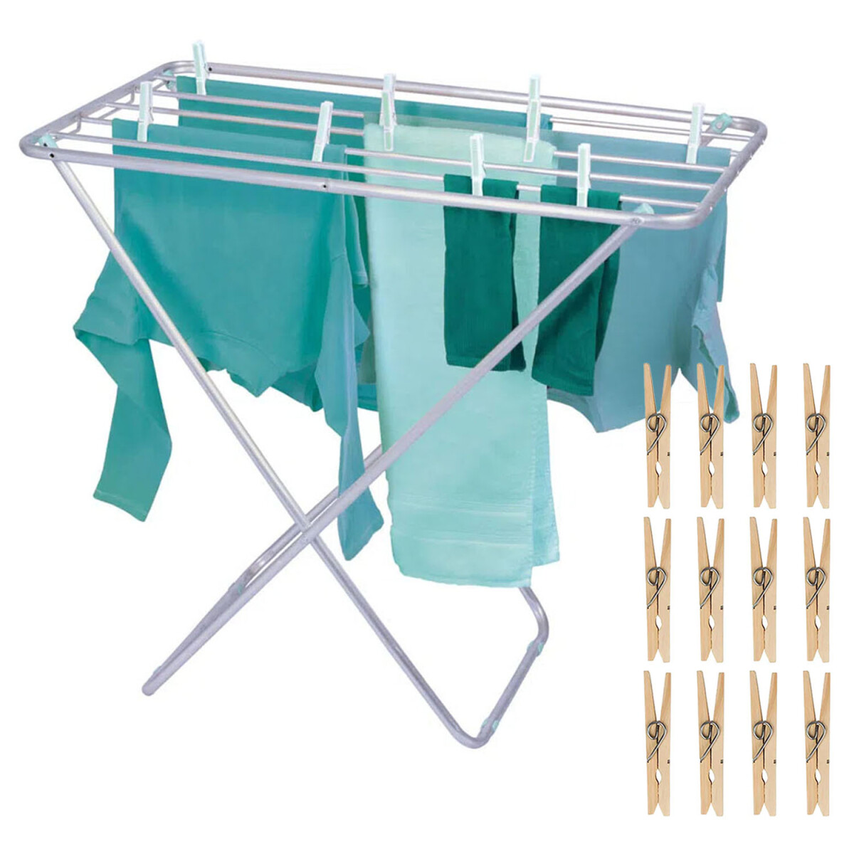 Set Mor Tendedero Plegable Aluminio 5.91M Ropa + 12 Palillos - Plateado 