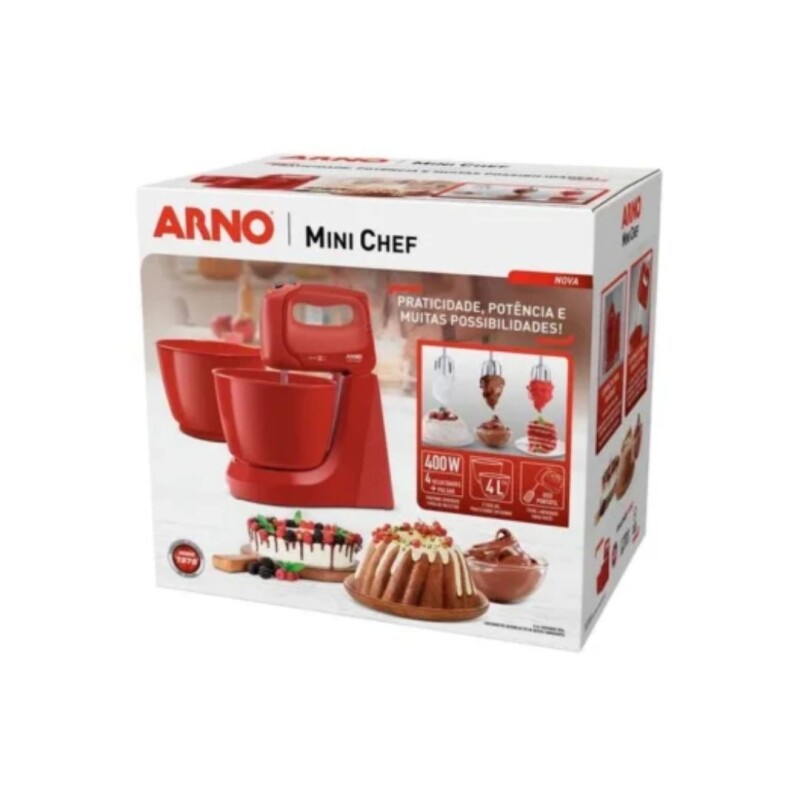 Mini Batidora Arno | 4 velocidades + Pulsar | Con 2 bowls de 4 Lts. | Color roja. Mini Batidora Arno | 4 velocidades + Pulsar | Con 2 bowls de 4 Lts. | Color roja.