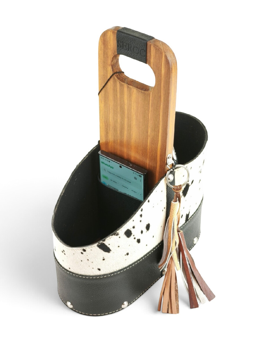 Matera de Cuero Vacuno Legítimo con Estructura Integral de Madera y porta celular - Negro 2 