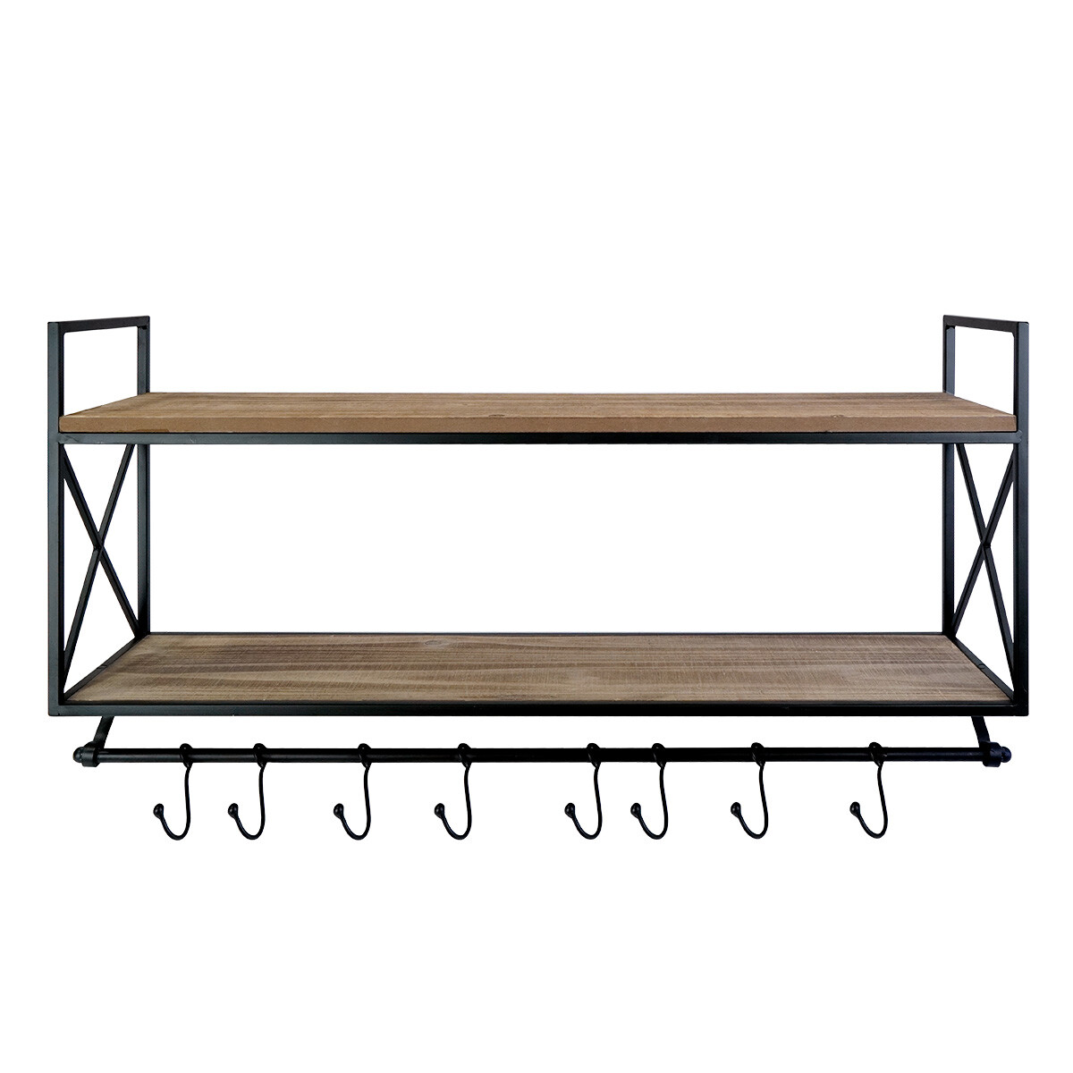 Estante doble de metal y madera con 8 ganchos 
