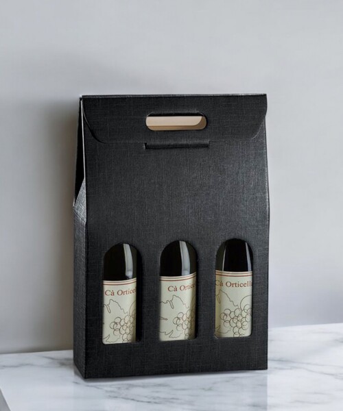 CAJA C/VENTANA 3 BOTELLAS 27X9X38,5 cm SETA NERO