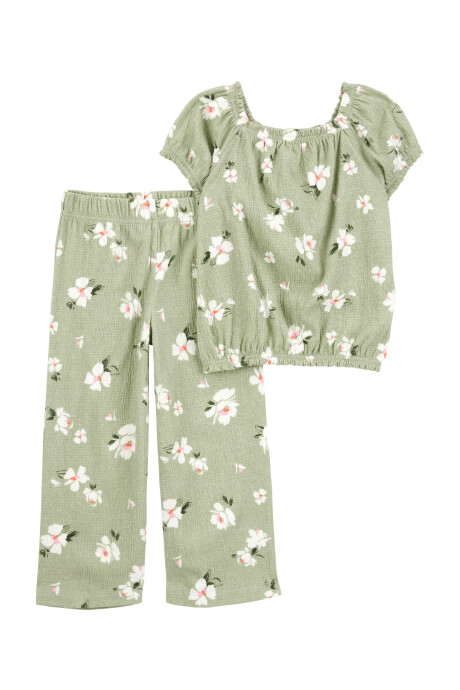 Set dos piezas de jersey arrugado, pantalón y blusa, diseño floral Sin color