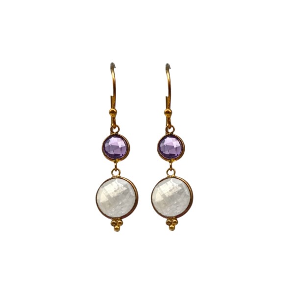 Caravanas Micaela- Plata rodinada con micra oro 18k-Piedra Amatista y Piedra Luna-CA2015 conpiedra