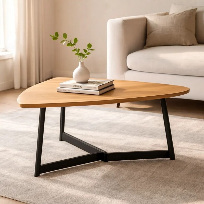 Mesa de centro triangular en madera y metal Mesa de centro triangular en madera y metal