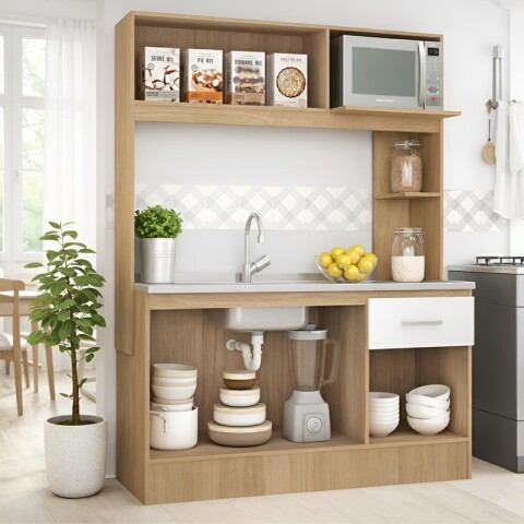 Kit de cocina compacta 4 puertas 1 cajón Patas Ajustables 141 x 50 x 185 cm - Carvale / Blanco Kit de cocina compacta 4 puertas 1 cajón Patas Ajustables 141 x 50 x 185 cm - Carvale / Blanco