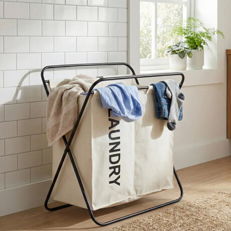 Cesto de ropa plegable 2 compartimentos metal y tela Blanco