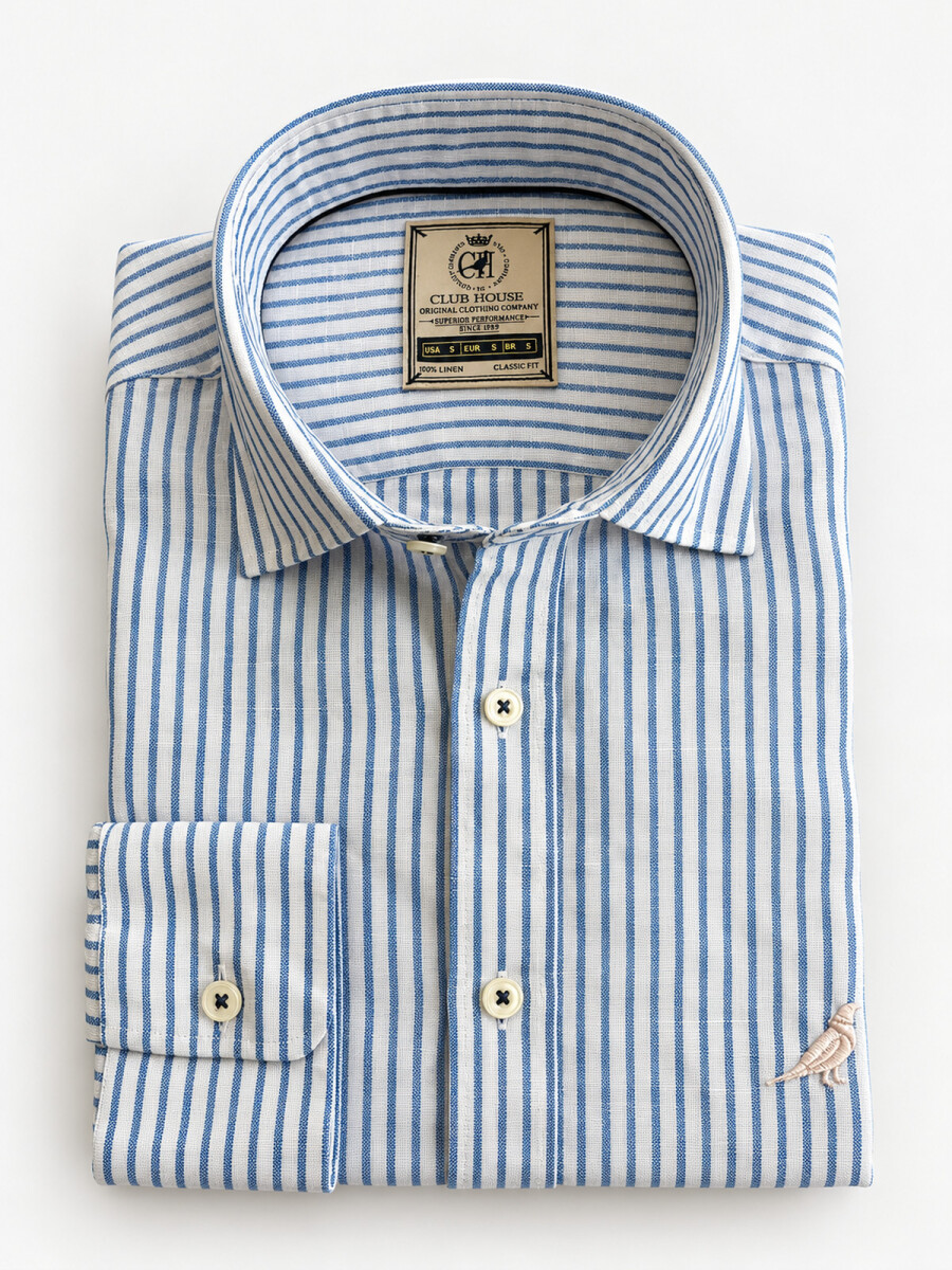 Camisa Lino Short Collar - Rayas Azul Costa 