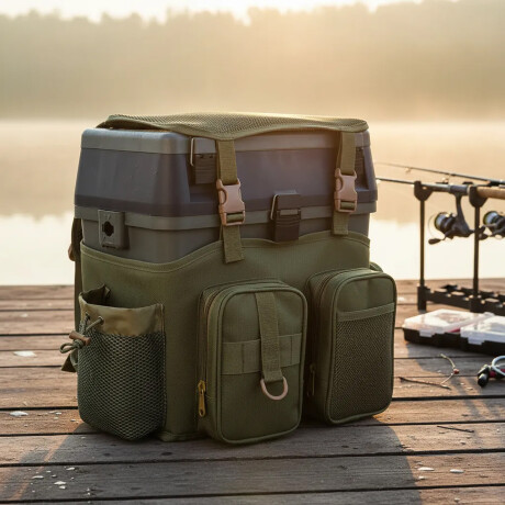 Mochila De Pesca 4En1 Mult Bolsillos Caja Plást C/Divisiones Verde