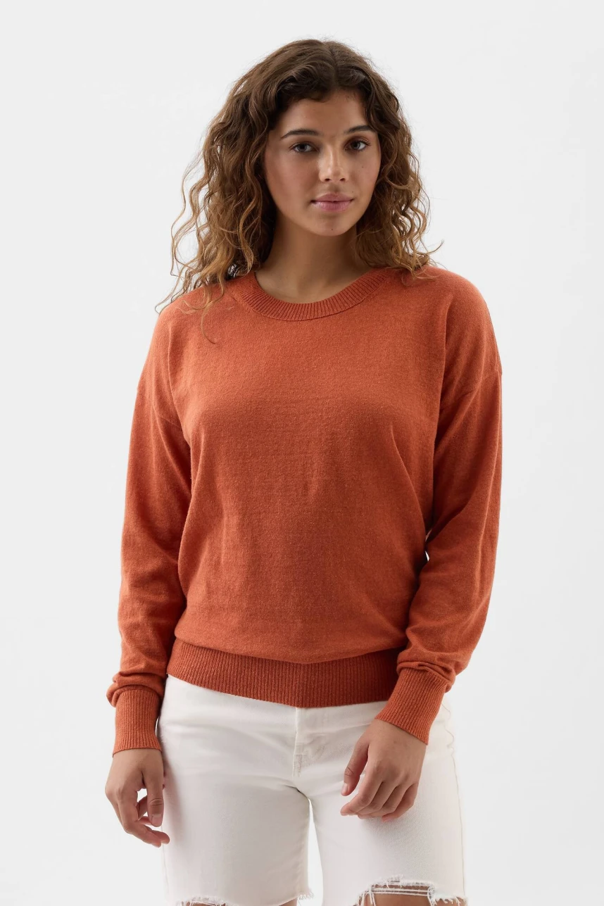 Buzo De Lino Cuello Redondo Mujer Baked Clay 18-1441 Tcx