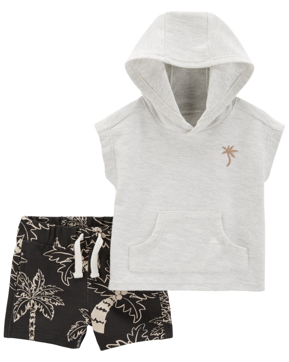 Set dos piezas de algodón, short y remera canguro manga corta, diseño palmeras 