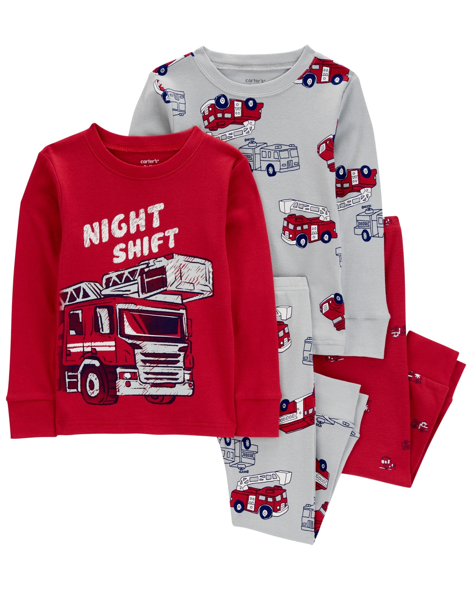 Pijama cuatro piezas de algodón, dos pantalones y dos remeras, diseño bomberos Sin color