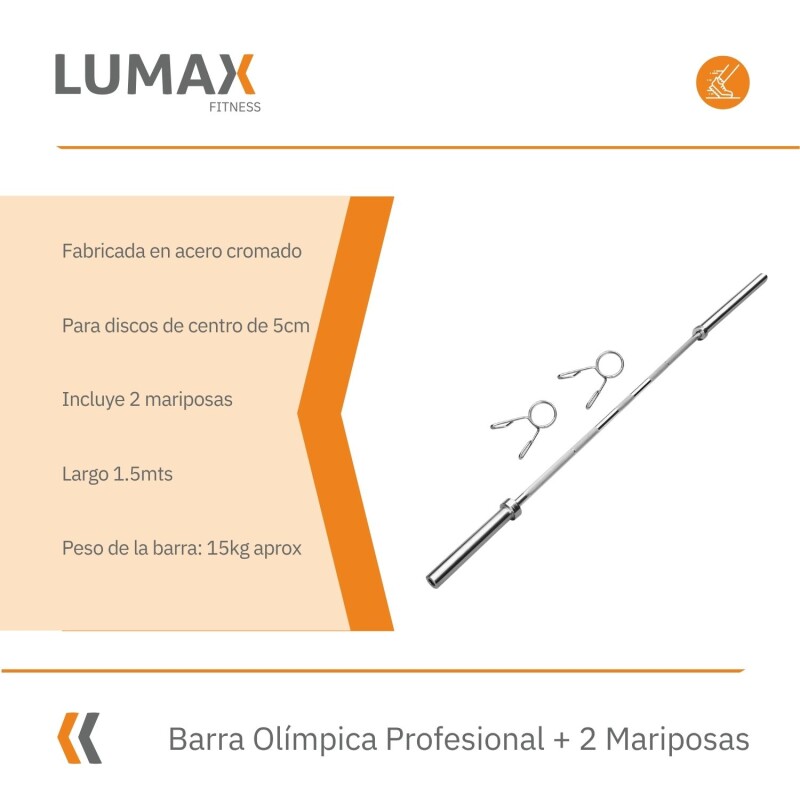 Barra Olímpica Profesional Lumax + 2 Mariposas 1.50mts Barra Olímpica Profesional Lumax + 2 Mariposas 1.50mts