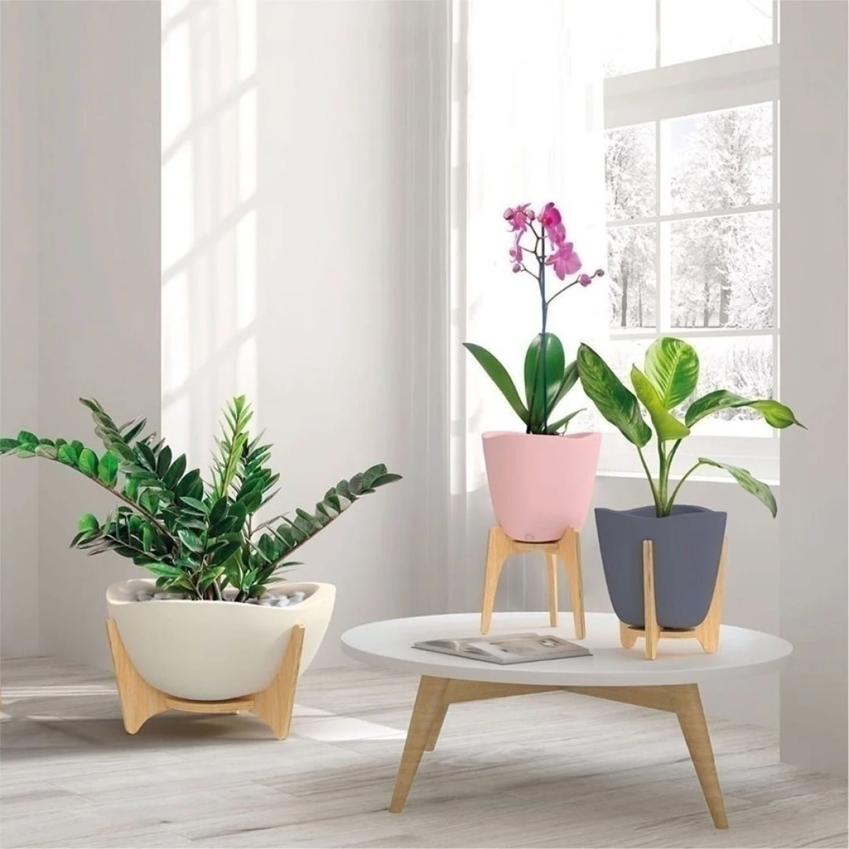 MACETA C/BASE MADERA 38X20CM TRYAS ROSA 
