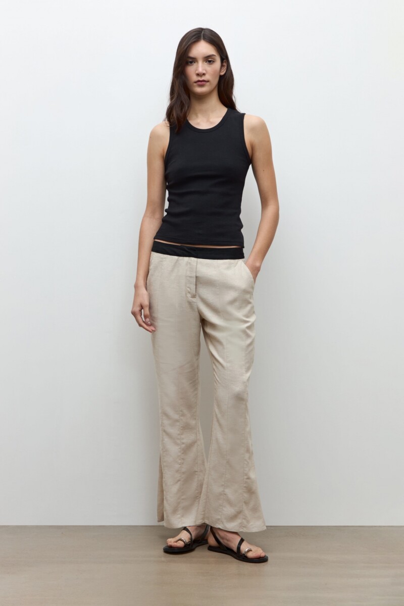 Pantalon lino cortes y godets beige melange