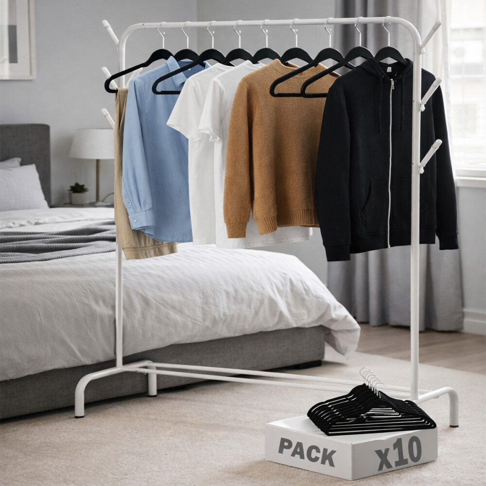 COMBO: Perchero De Caño Largo Estante Inferior + 10 Perchas COMBO: Perchero De Caño Largo Estante Inferior + 10 Perchas