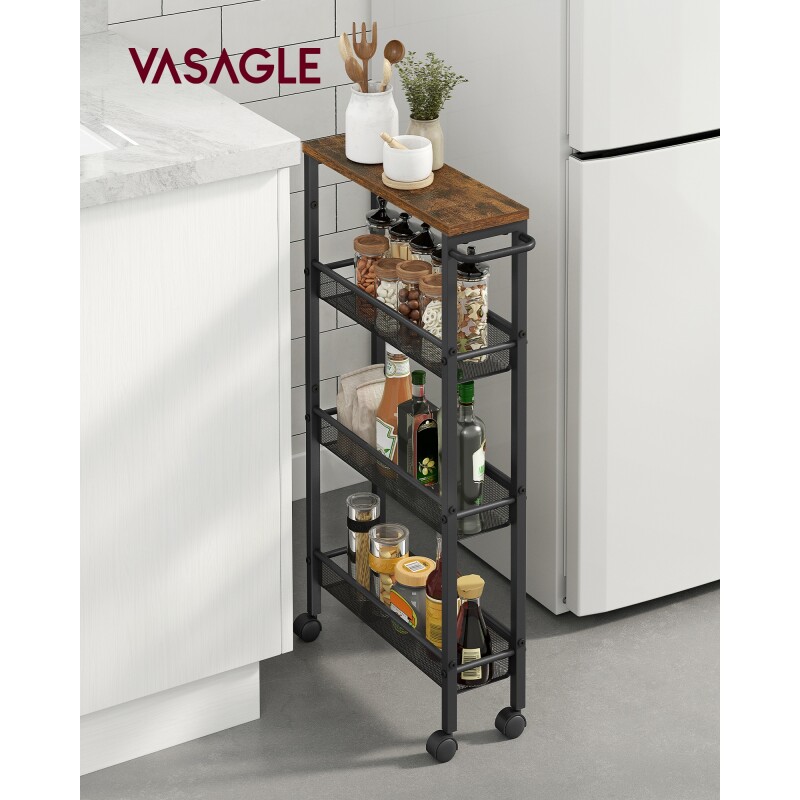 VASAGLE Carrito de Almacenamiento Metálico Delgado de 4 Niveles con Ruedas y Asa – Para Cocina, Sala de Estar, Oficina y Garaje Sin Color