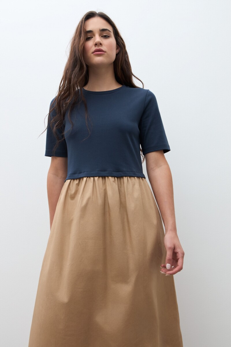 Vestido bicolor manga corta azul marino
