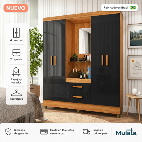 Ropero Vetro 4 Puertas 2 Cajones con Espejo, Perchero y Tocador 150cm MDP - Cinamomo Negro Ropero Vetro 4 Puertas 2 Cajones con Espejo, Perchero y Tocador 150cm MDP - Cinamomo Negro