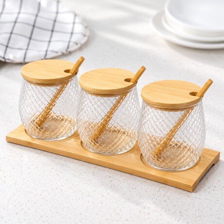 Juego de 3 Porta Condimentos con Base de Bambú Juego de 3 Porta Condimentos con Base de Bambú